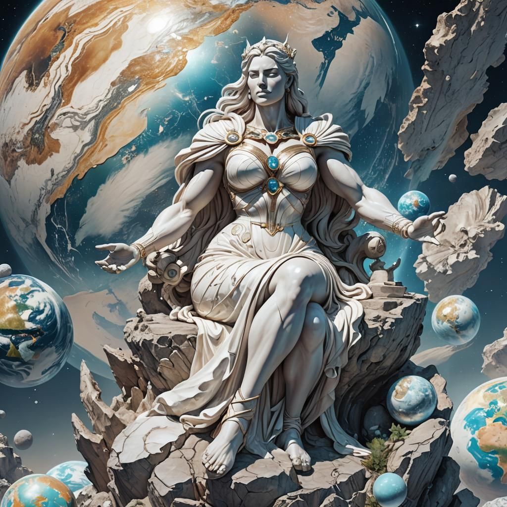 Muscle Goddess Pondering Earth: Cosmic Astral Illustration