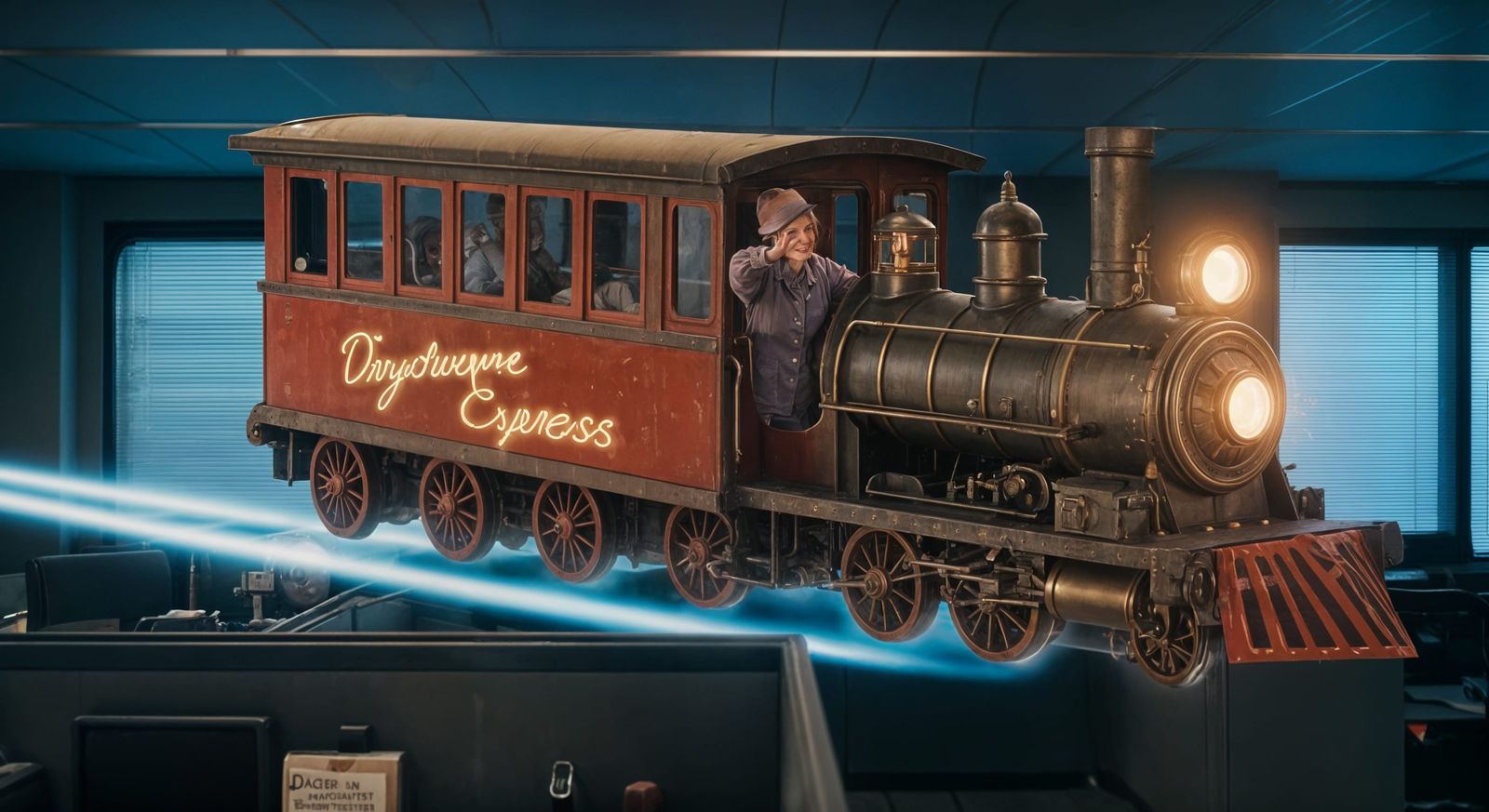 Magical Glowing Train Soaring Above Office