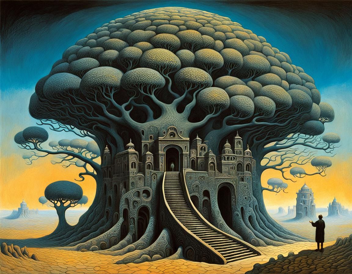 Surreal Tree Structure with Architectural Elements