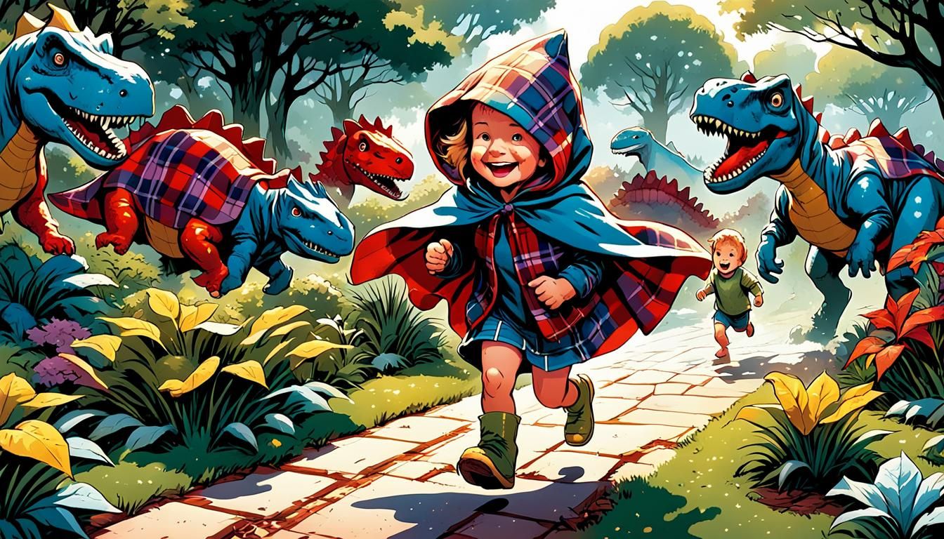 Plaid Hooded Toddler Followed by Plaid Dinos