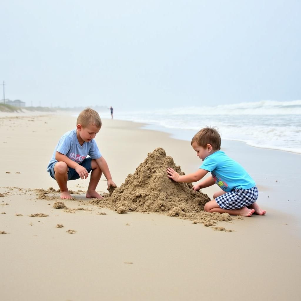 Toddler Boys Build Sandcastle at Cape Hatteras
