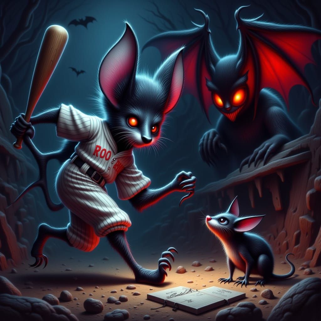 Vampire Bat Player Swings at Cute Bat in Dramatic Lighting