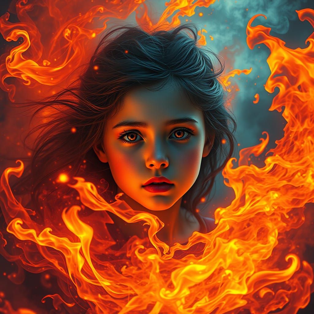 Girl Enveloped in Vibrant Flames in a Fantastical Landscape