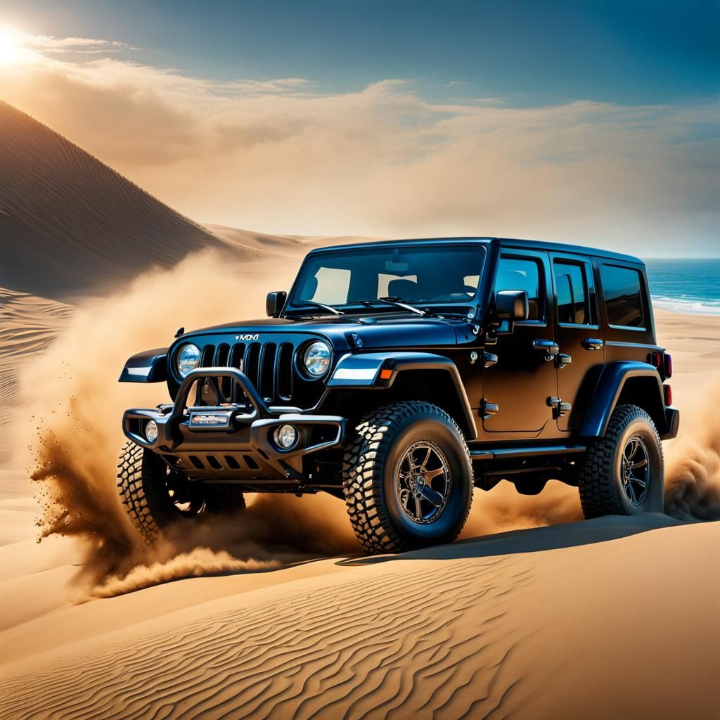 Black Jeep Driving on Sand Dune