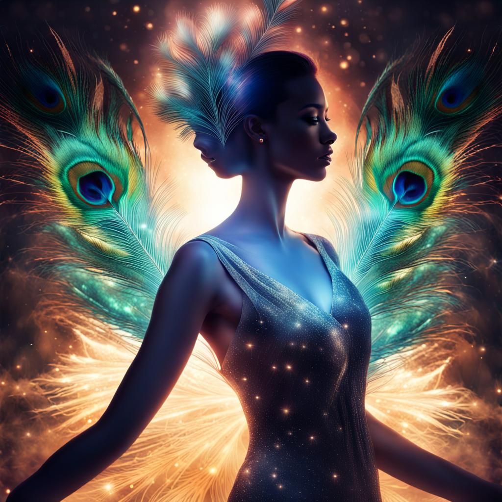 Galactic Woman Silhouette with Peacock Feathers