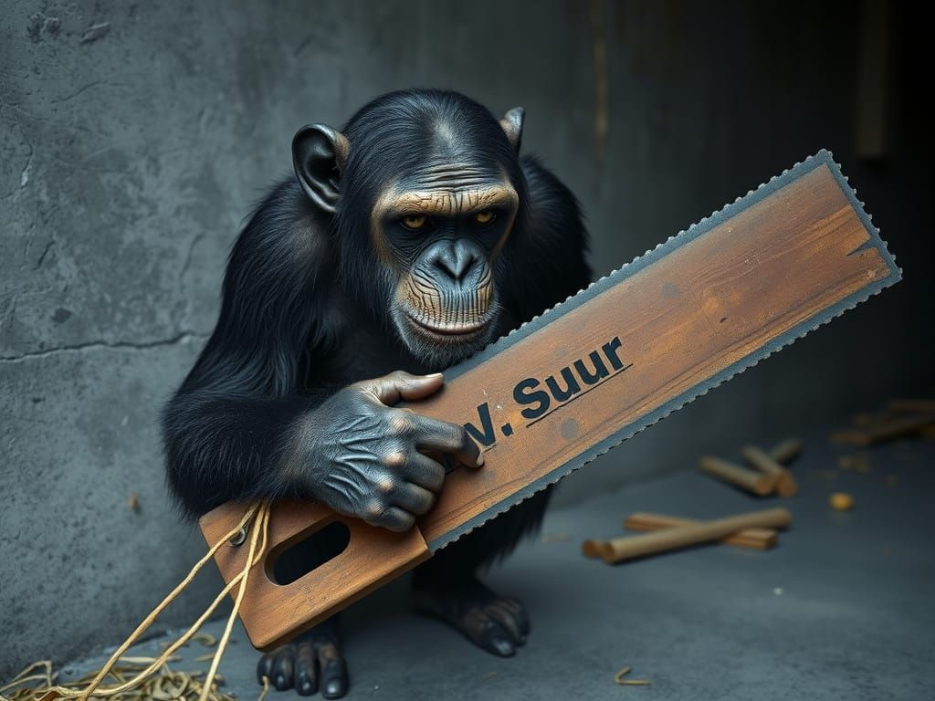 Chimpanzee in Grim Determination with Worn Saw