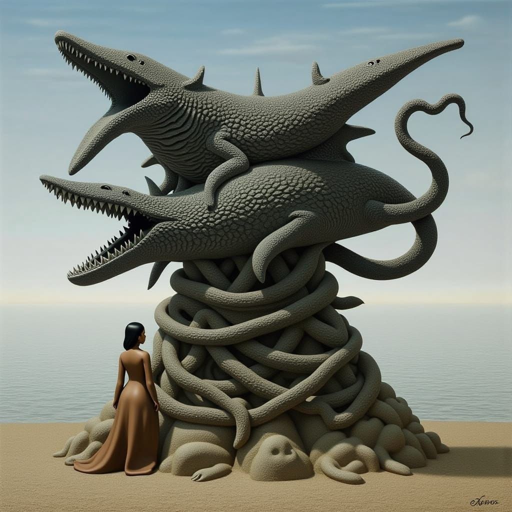 Woman Beside Intertwined Biomechanical Sculpture