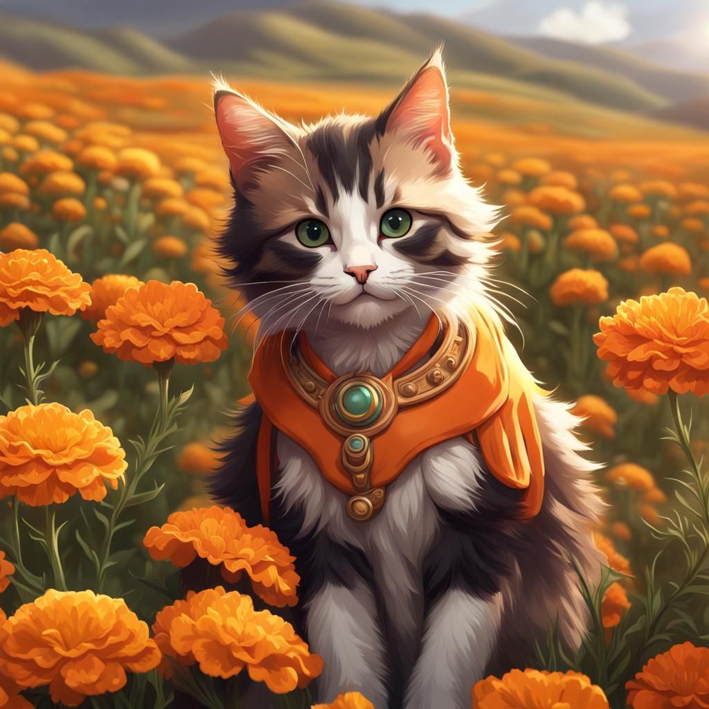 Calico Kitten in Marigold Field: Hyperdetailed Portrait