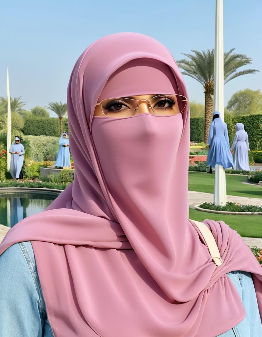 Niqab Woman Portrait in Garden, Oil Painting Style