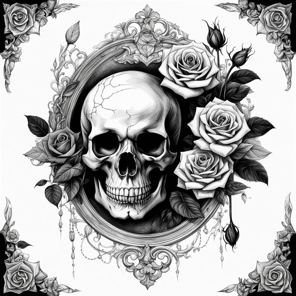 Single Line Skull with Roses Drawing