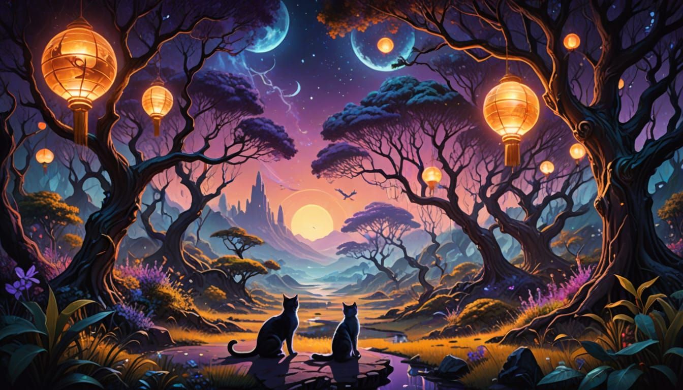 Ethereal Sci-fi Landscape with Whimsical Cats