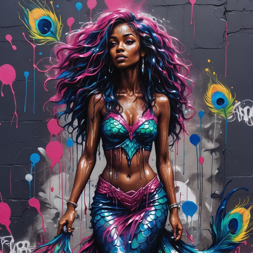 Peacock Mermaid Graffiti Art in Street Style