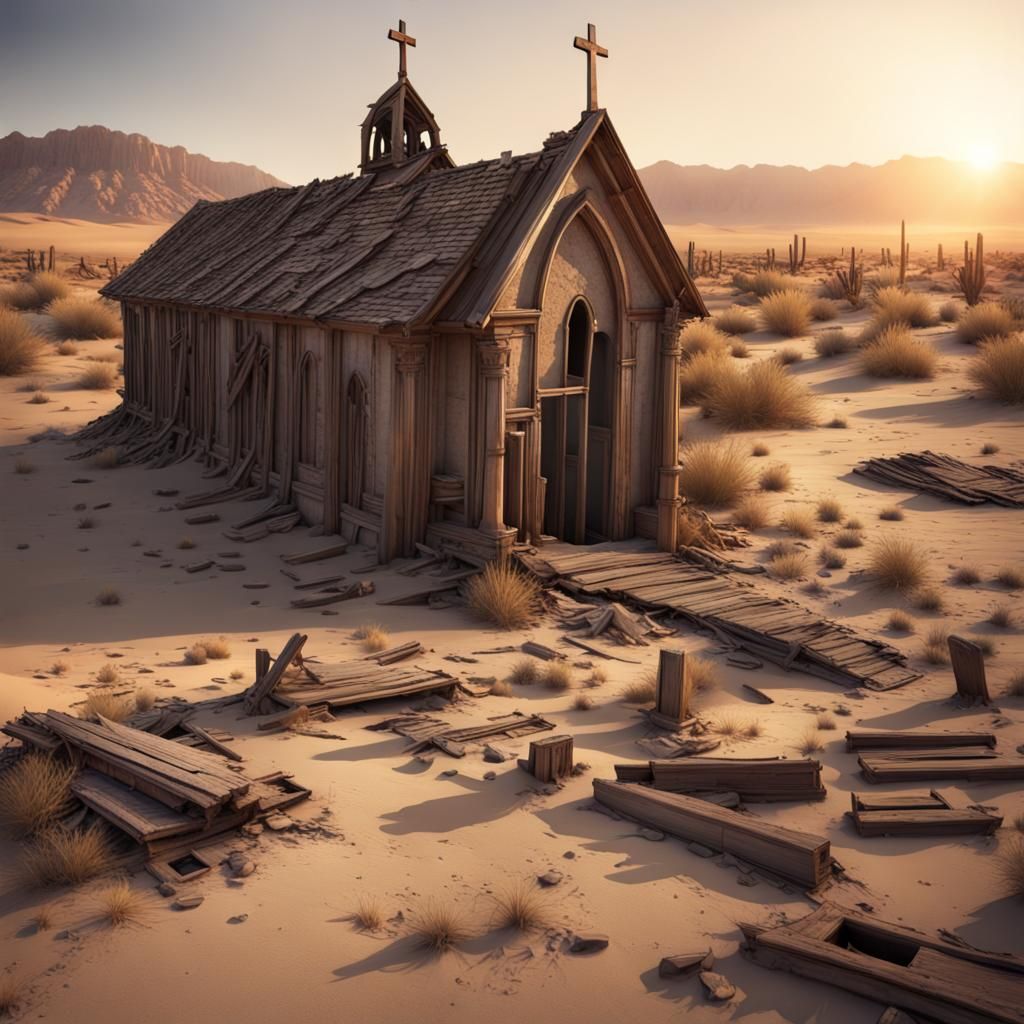 Desert Church Graveyard Ruins at Sunset
