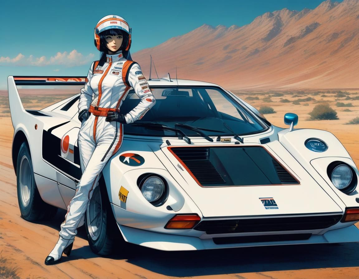 Race Car Driver with Lancia Stratos in Manga Style