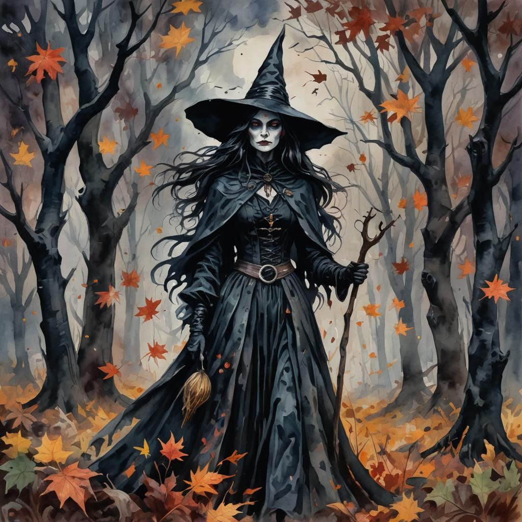 Gothic Autumn Witch in Gouache Style