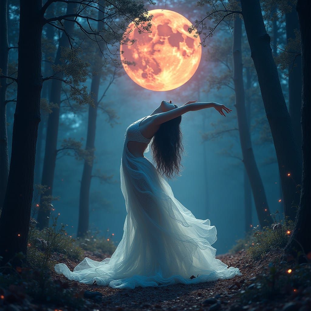Mystical Forest Goddess Under Blood Moon
