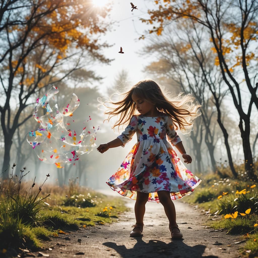 double exposure photography of a silhouette full body little girl in dress, long hair blowing in the windand the spectac...