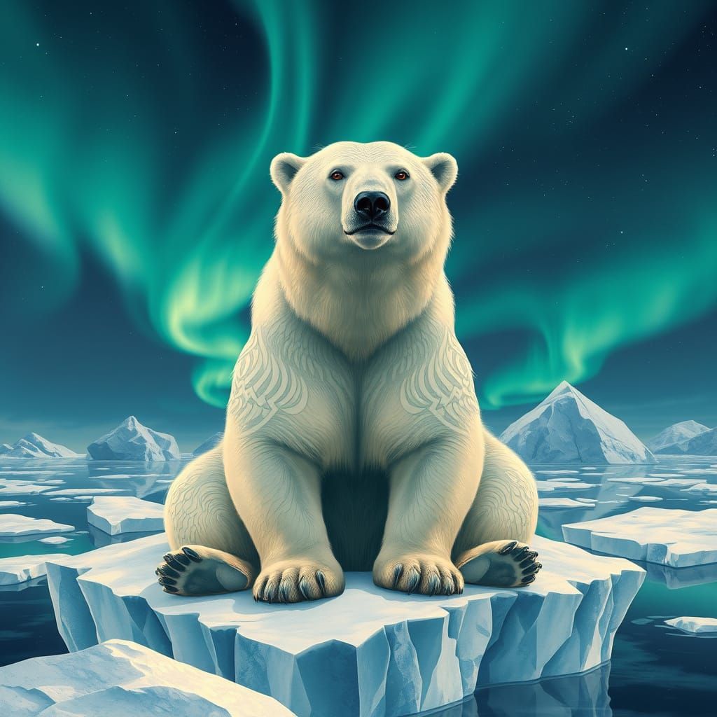 Art Nouveau Polar Bear Under Aurora Borealis