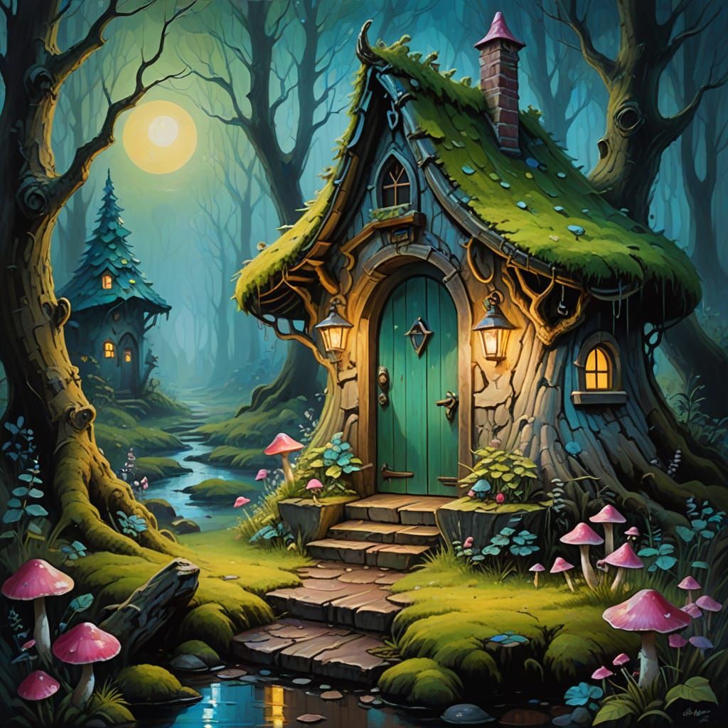 Enchanting Gnome's Mushroom Abode in a Dreamlike Forest