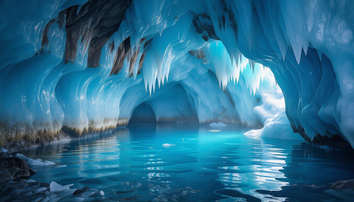 Hyperrealistic Ice Cave with Shimmering Lake