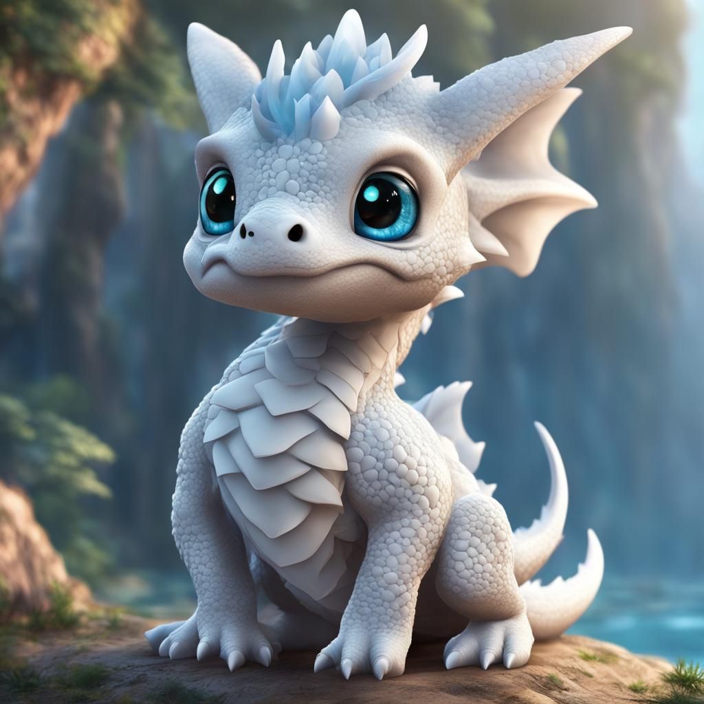 Adorable Chibi White Baby Dragon with Detailed Eyes