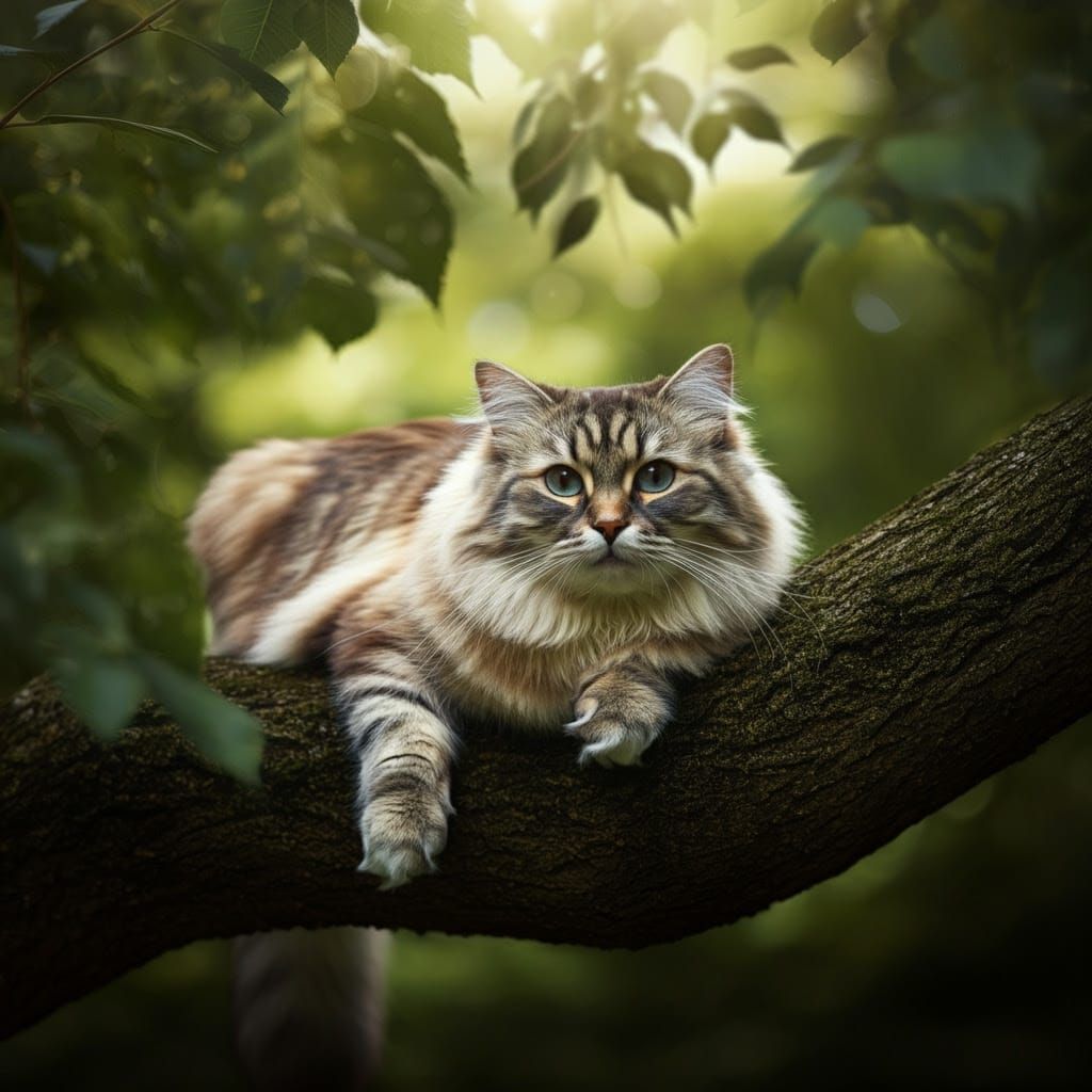 Fluffy Cat Lounging on a Tree Branch