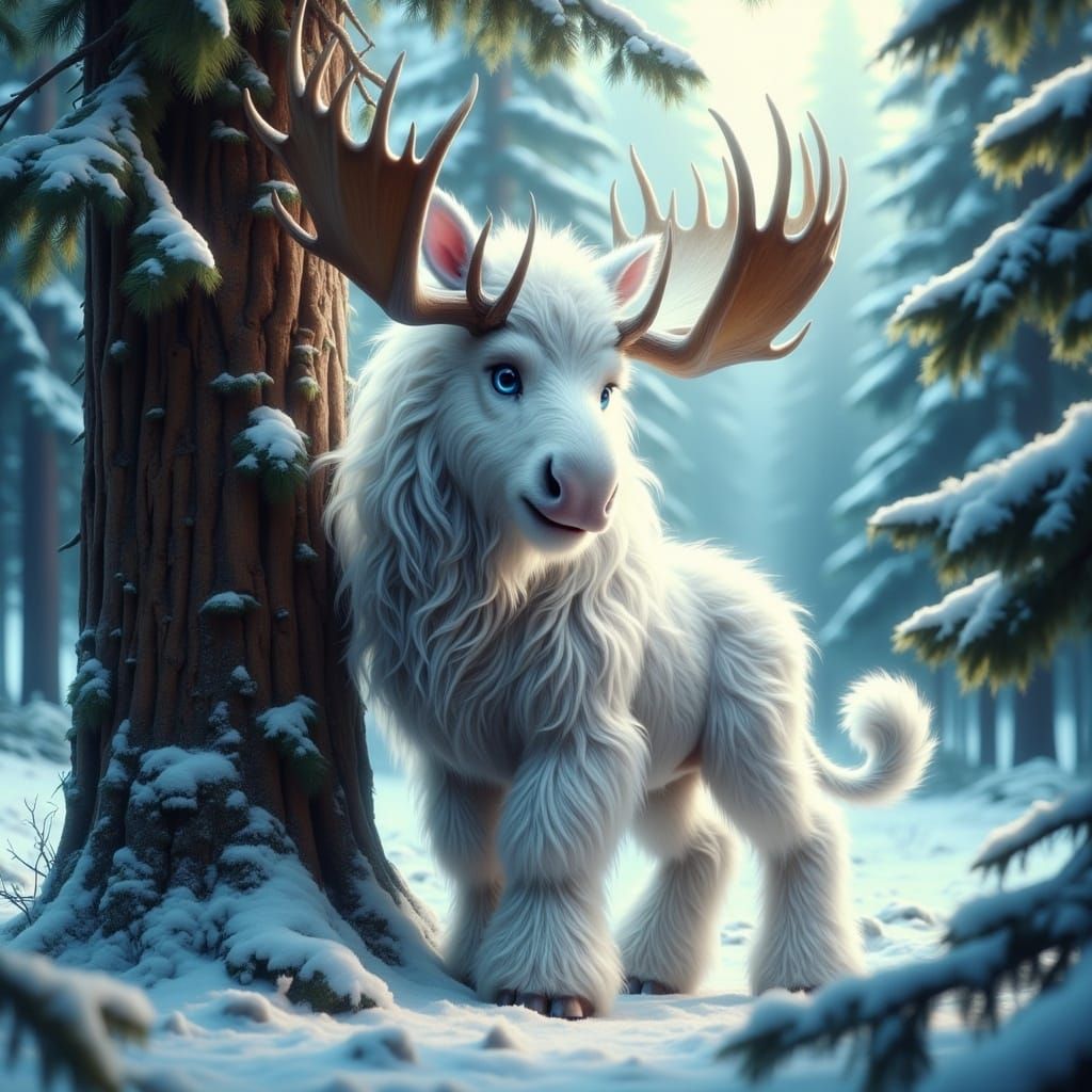 Fluffy Hybrid Moose Buffalo Deer in a Winter Wonderland