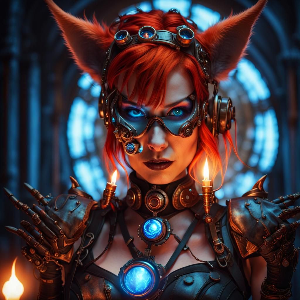 Steampunk Gothic Cyborg Portrait with Glowing Orb