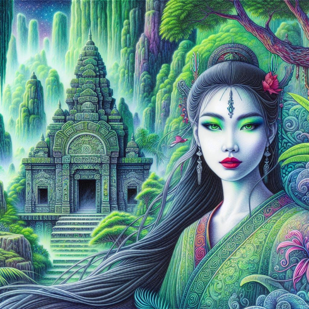 Ethereal Jungle: Pencil Sketch of Asian Woman