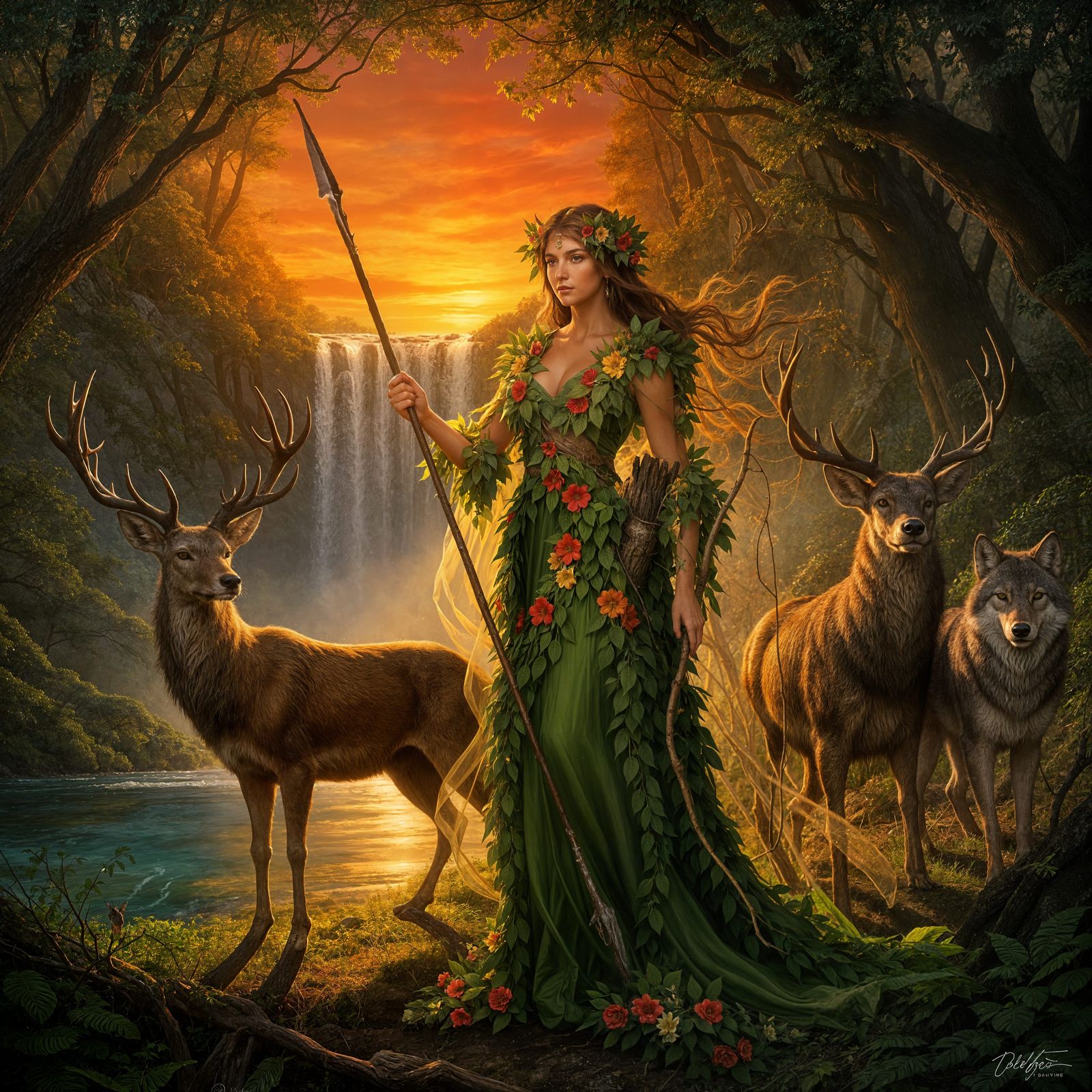 Huntress Goddess with Majestic Stag and Wolf