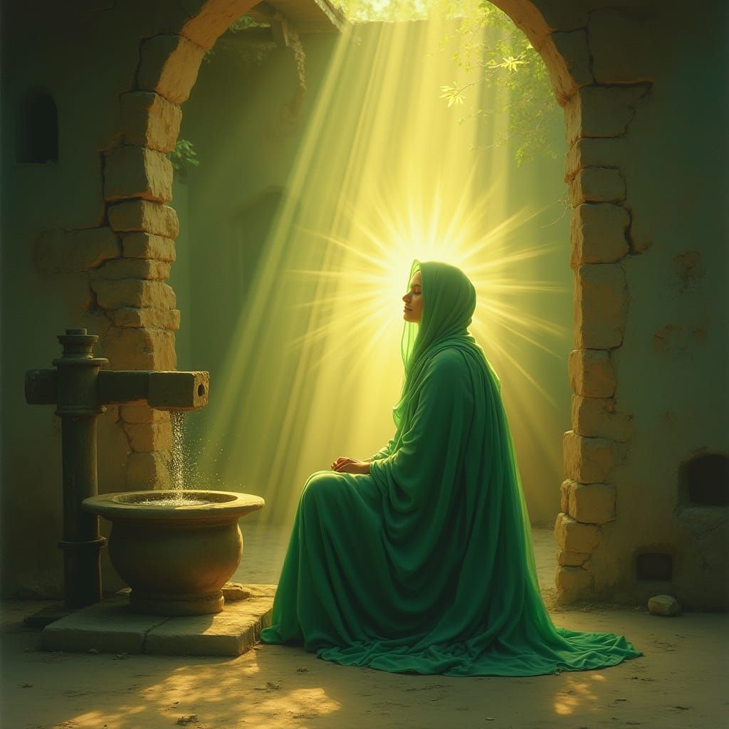 Spiritual Woman in Glowing Green Dress