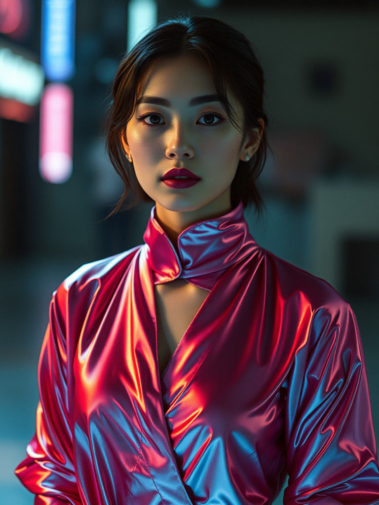 Futuristic Japanese Model in Silk Clothes