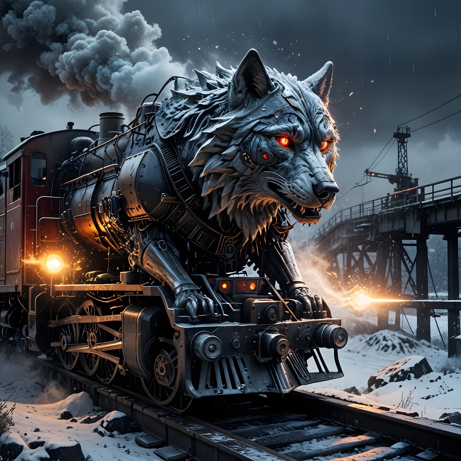 Wolf-Locomotive Hybrid Emerges from Snowy Storm in Industria...