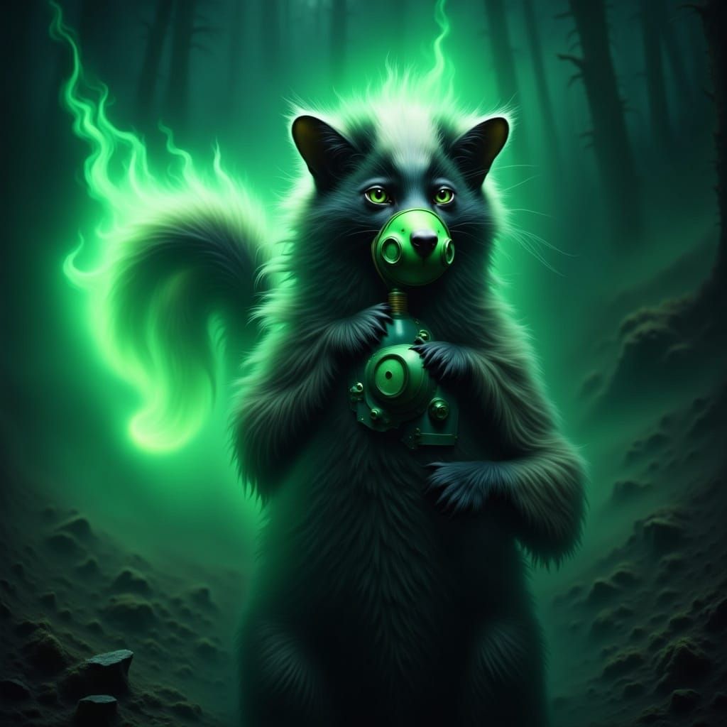 Dreamy Bioluminescent Skunk in Surreal Mist