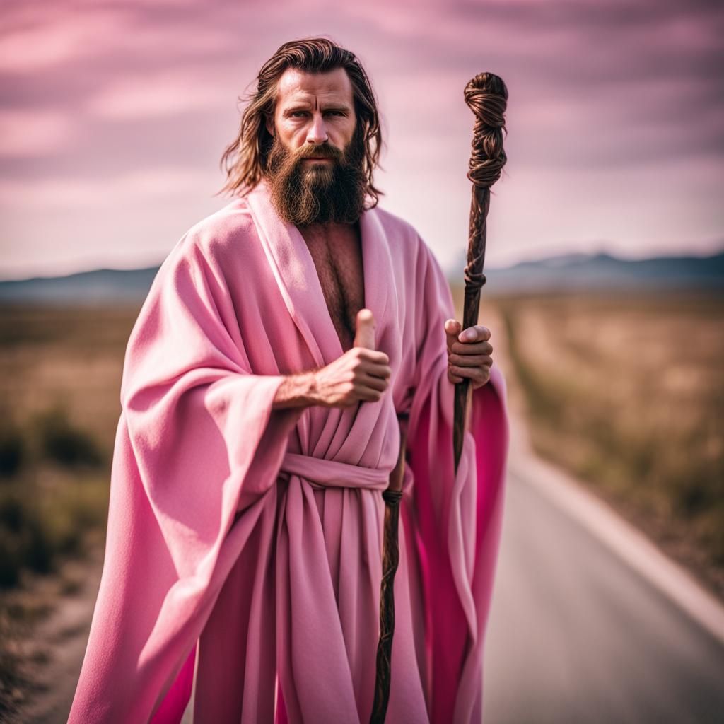 Bearded Man in Pink Robes Holding Staff