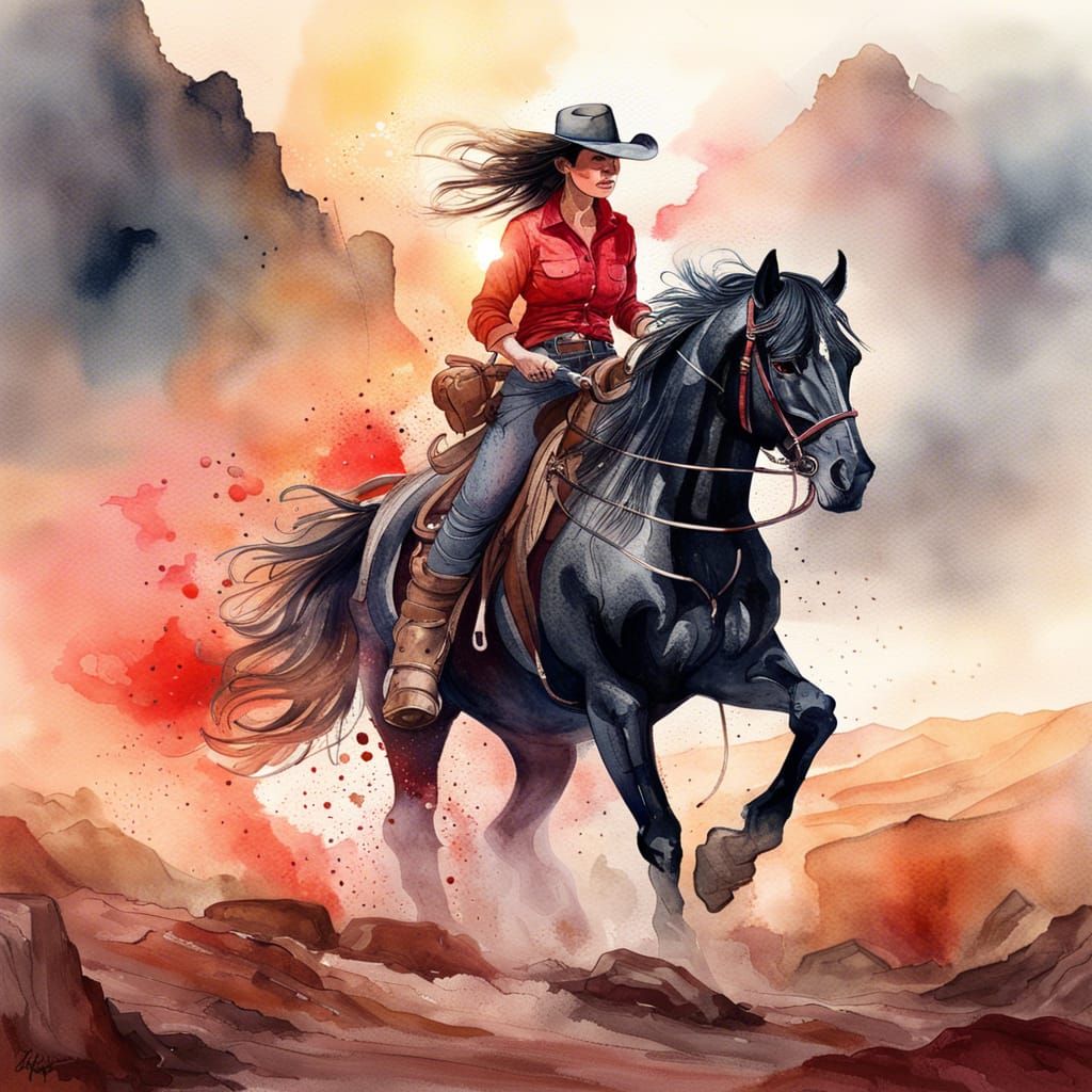 Cowgirl on Horseback: Watercolor Desert Sunrise