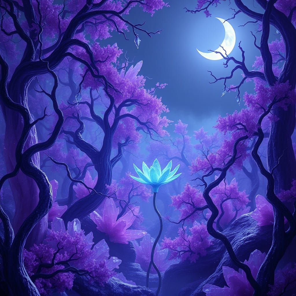Ethereal Amethyst Forest Under a Crescent Moon
