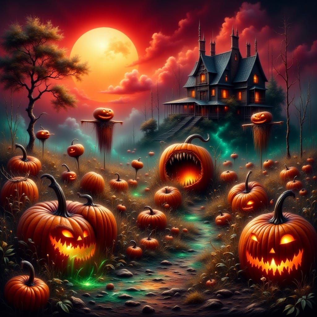 Nightmarish Pumpkin Patch Under Crimson Eclipse