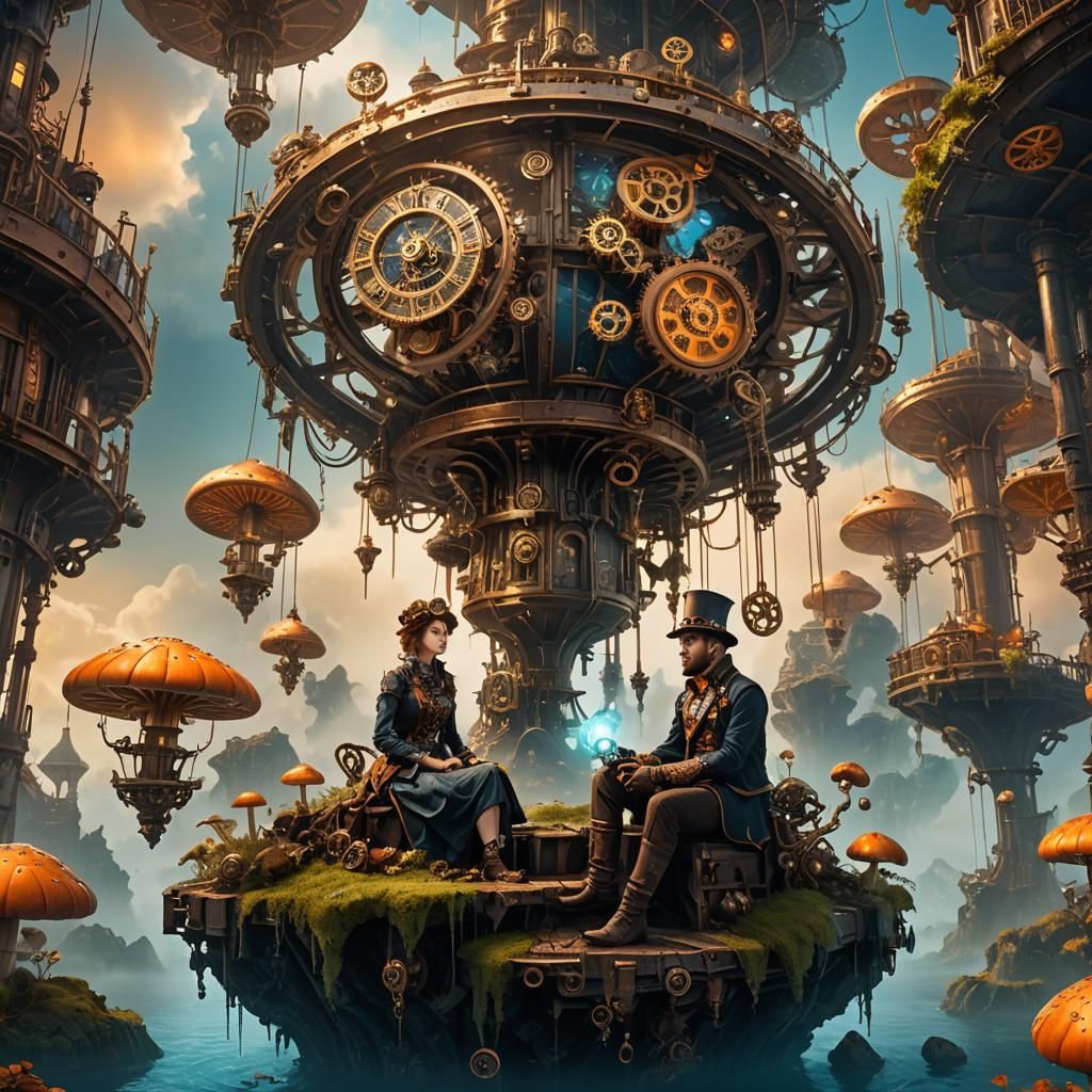 Steampunk Adventurer on Floating Island in Misty Dreamscape