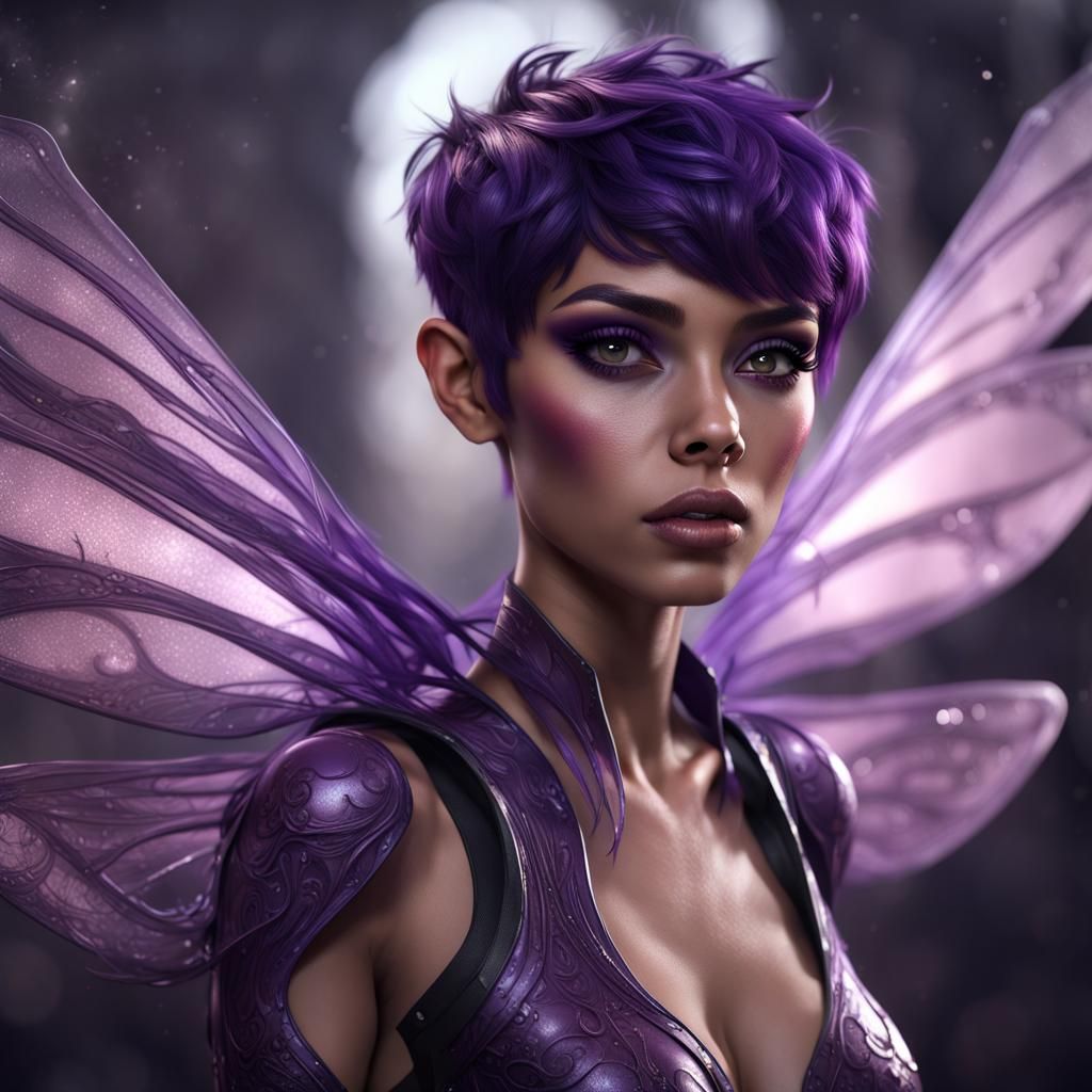Purple Pixie with Translucent Wings, Detailed Fantasy Art