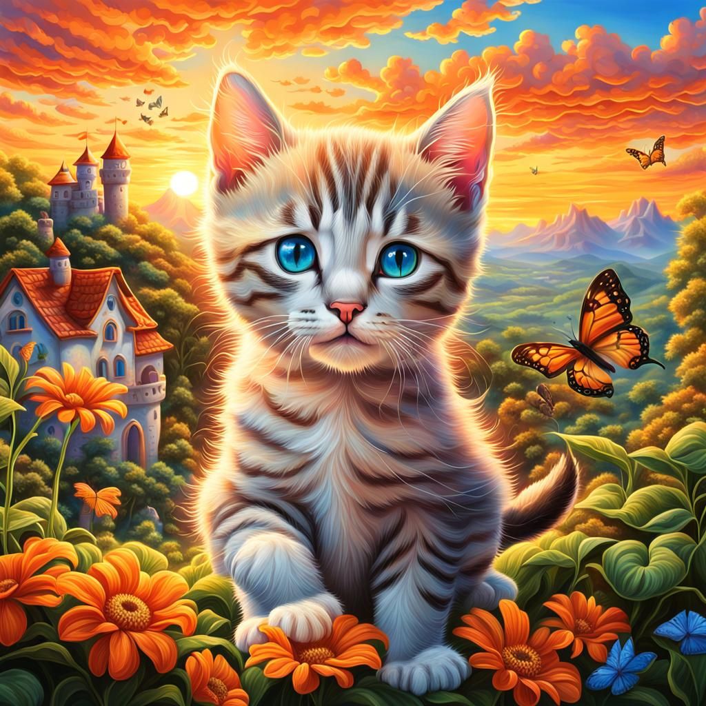 Kitten with Glowing Eyes at Stunning Sunrise