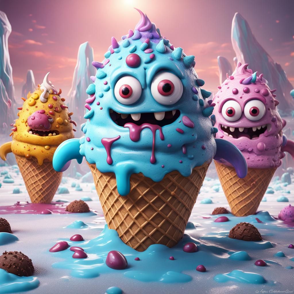 Abstract Ice Cream Monsters in Detailed Digital Painting