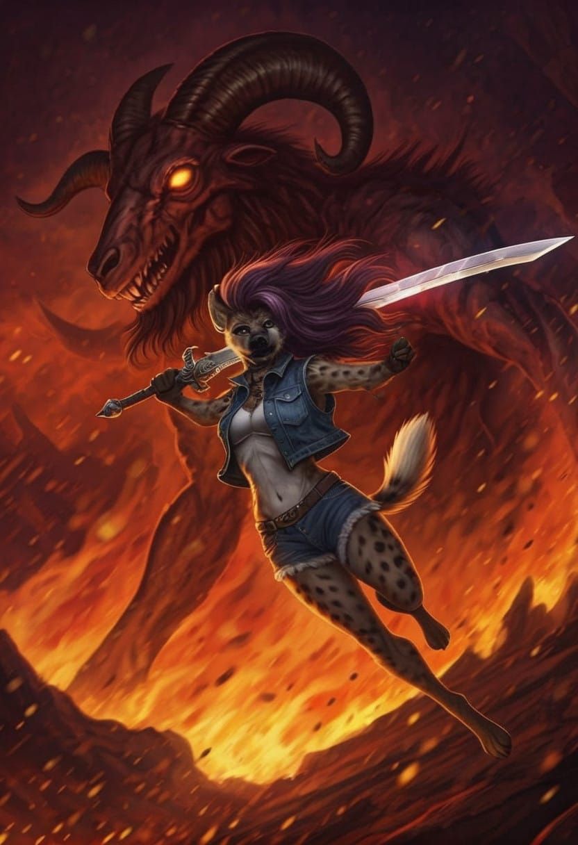 Exotic Warrior Fights Demonic Beast in Hellish Landscape