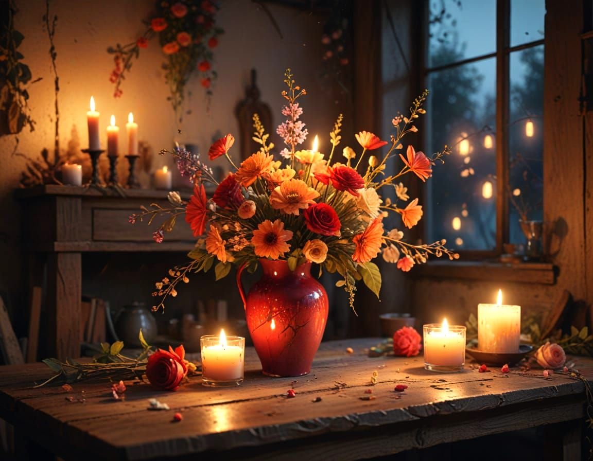 Ethereal Nighttime Scene with Red Vase and Candles