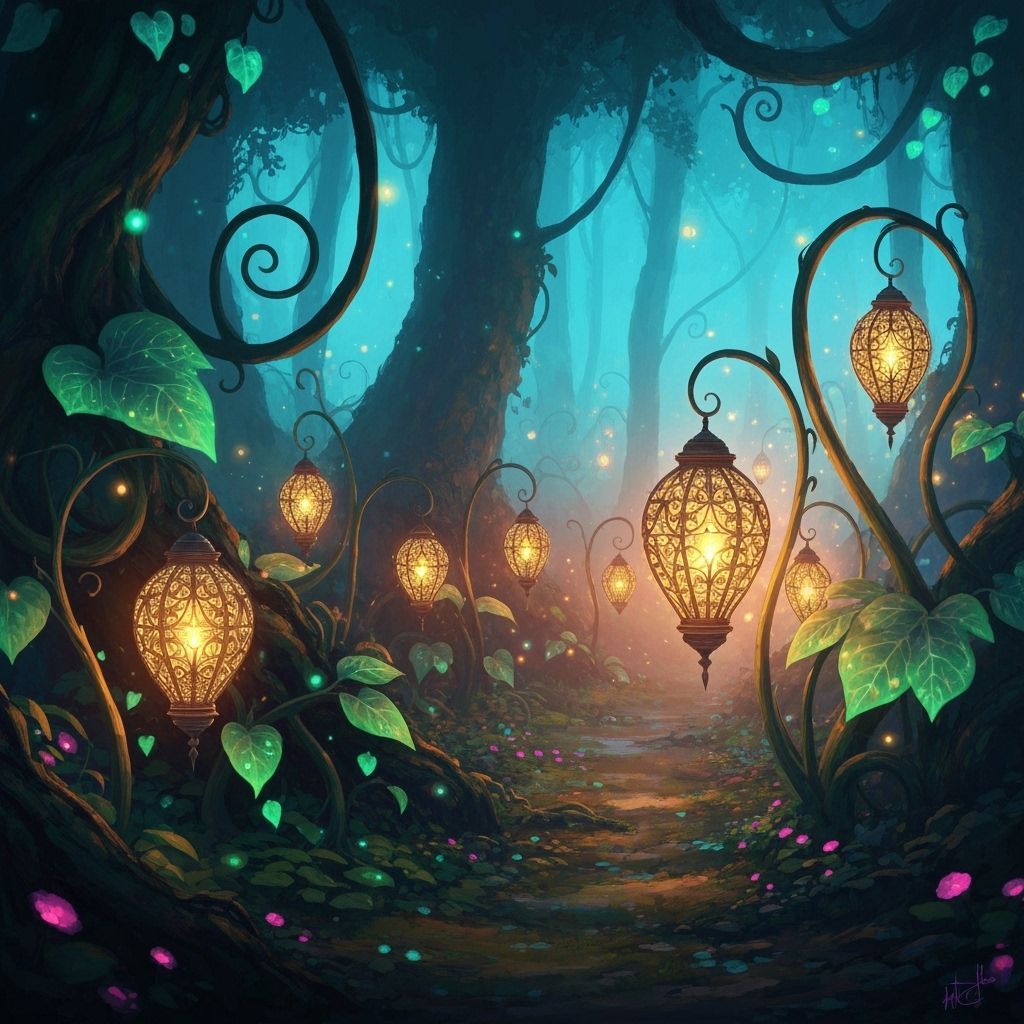 Bioluminescent Forest Plants Holding Glowing Lanterns