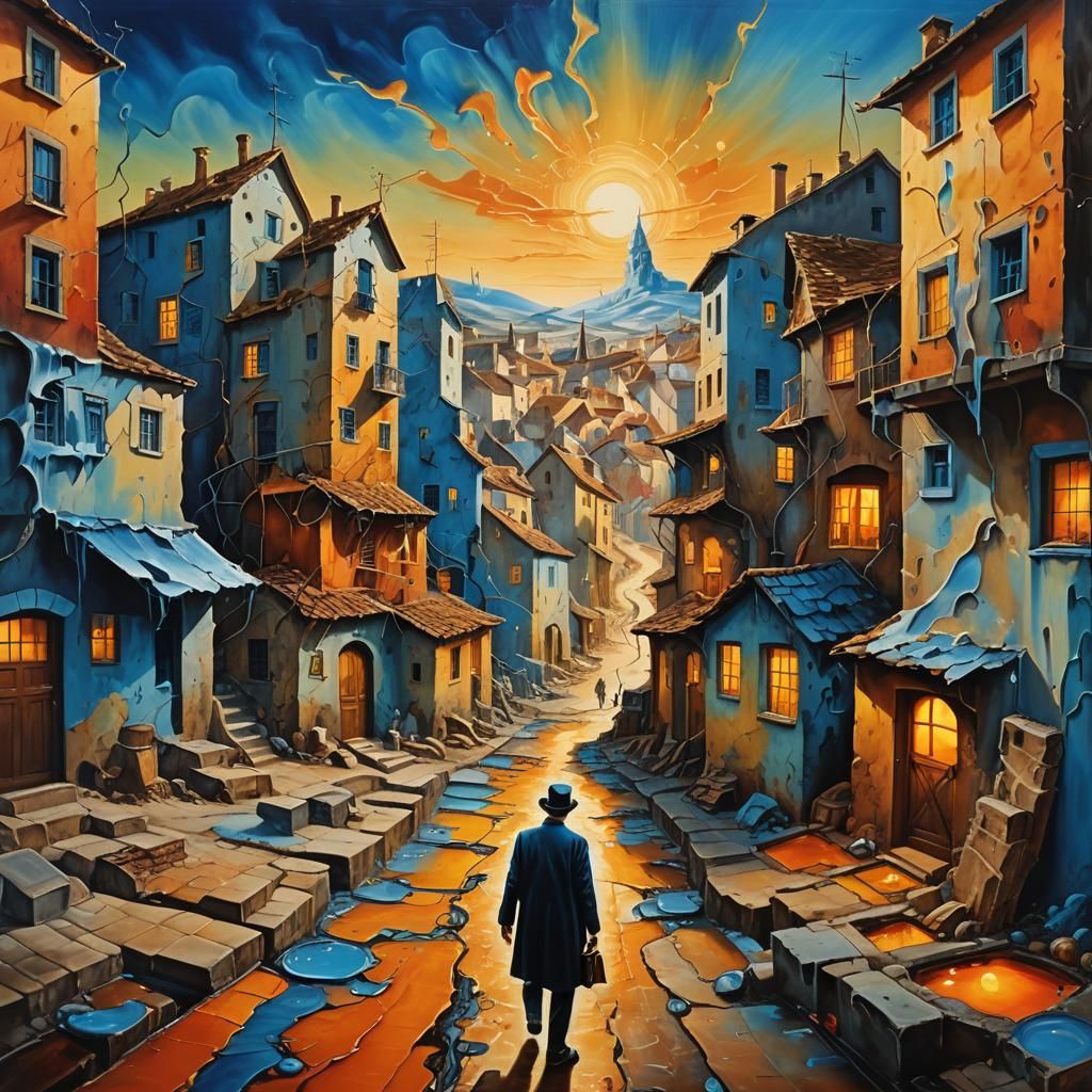 Surreal Melting Village in Oil Painting Style