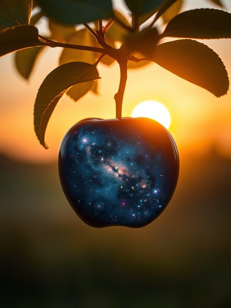 Surrealist Close-Up of Cosmic Apple in Sunset Glow