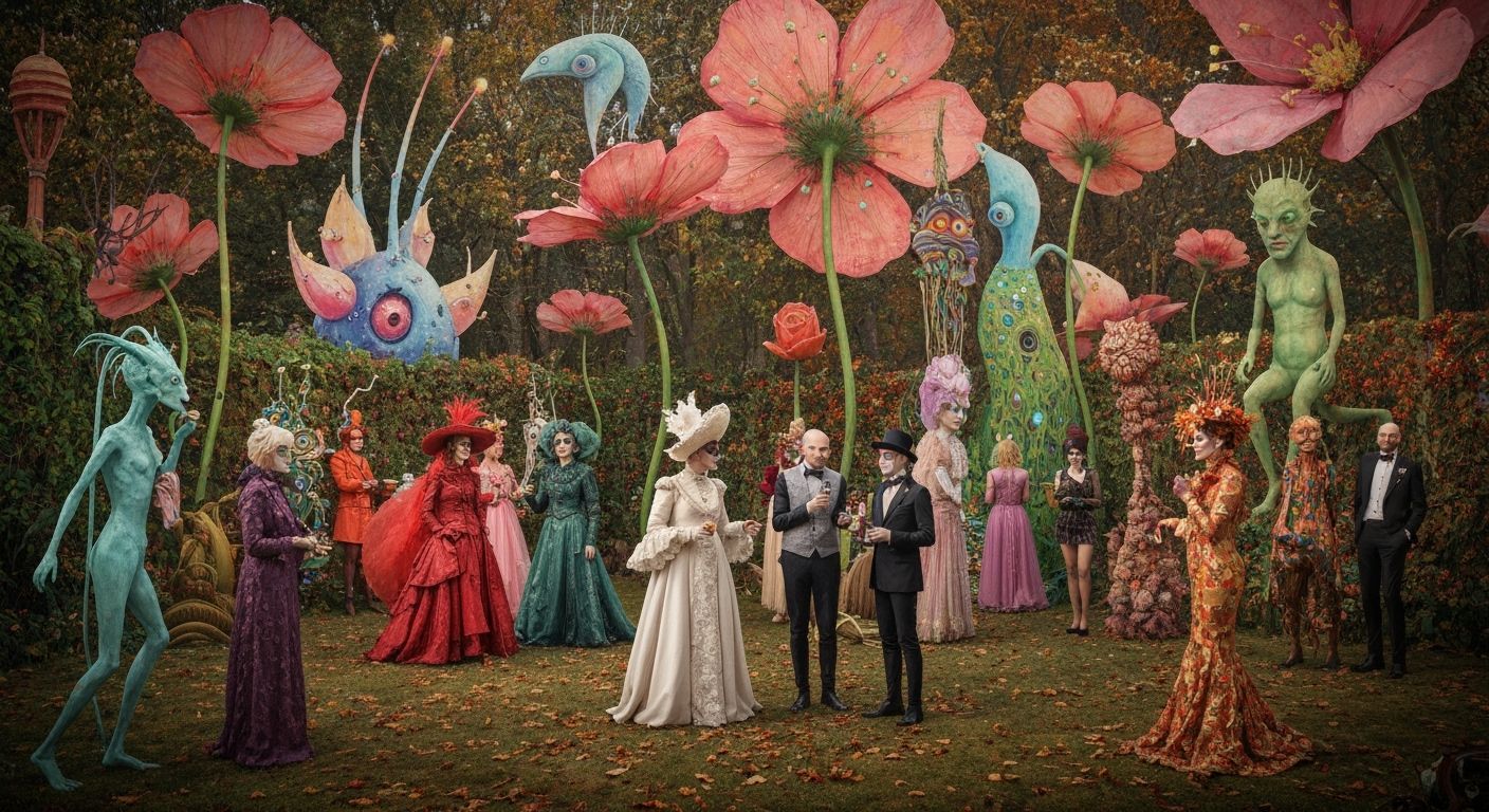 Surreal Garden Party with Bioluminescent Flowers
