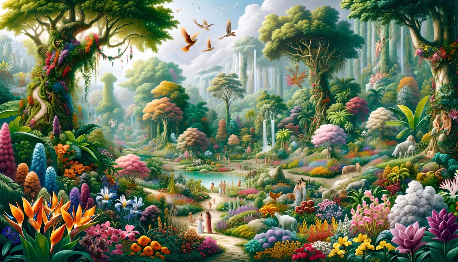 Brightly intensely colored hyperdetailed Garden of Eden from the Bible, beautiful animals plants trees flowers, NO peop...