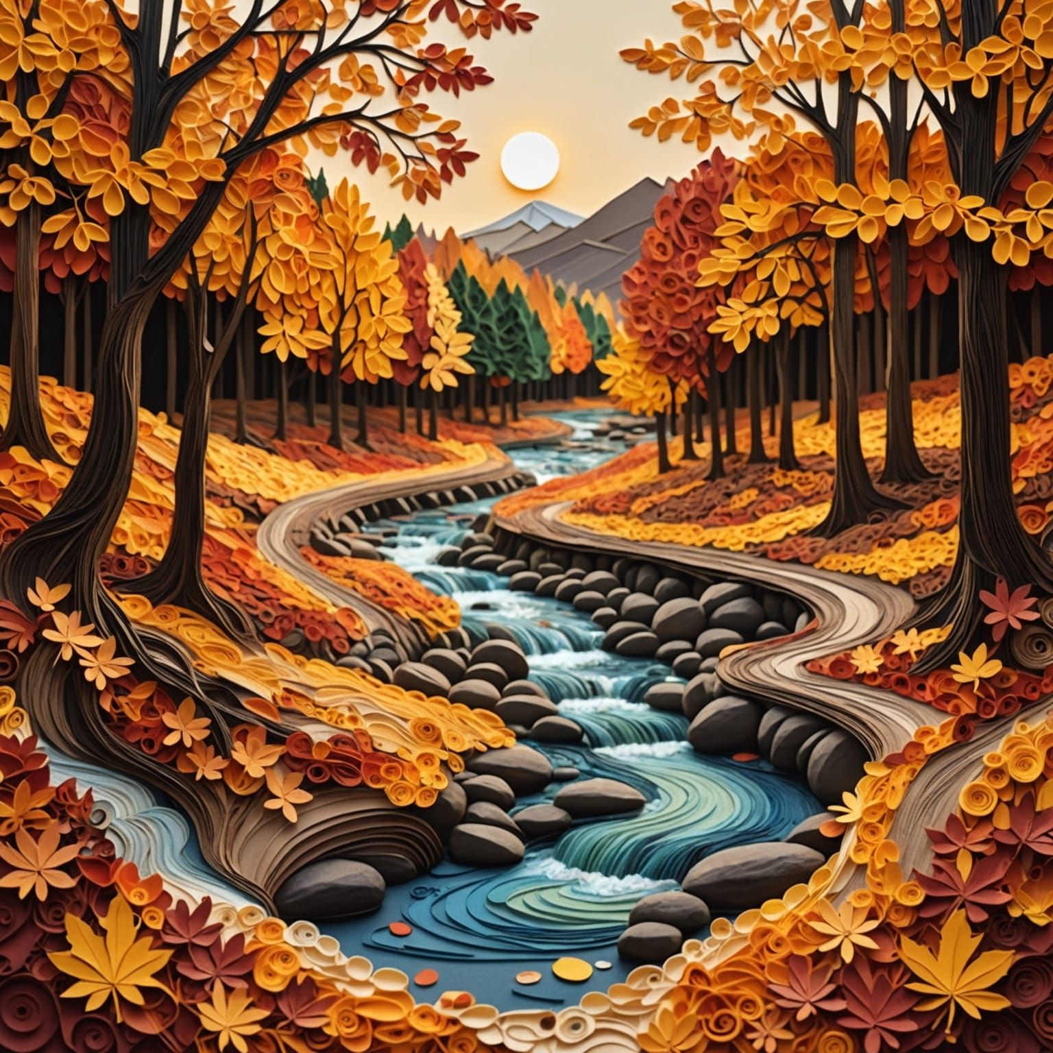 Autumn Woods Quilling Collage in Golden Hour